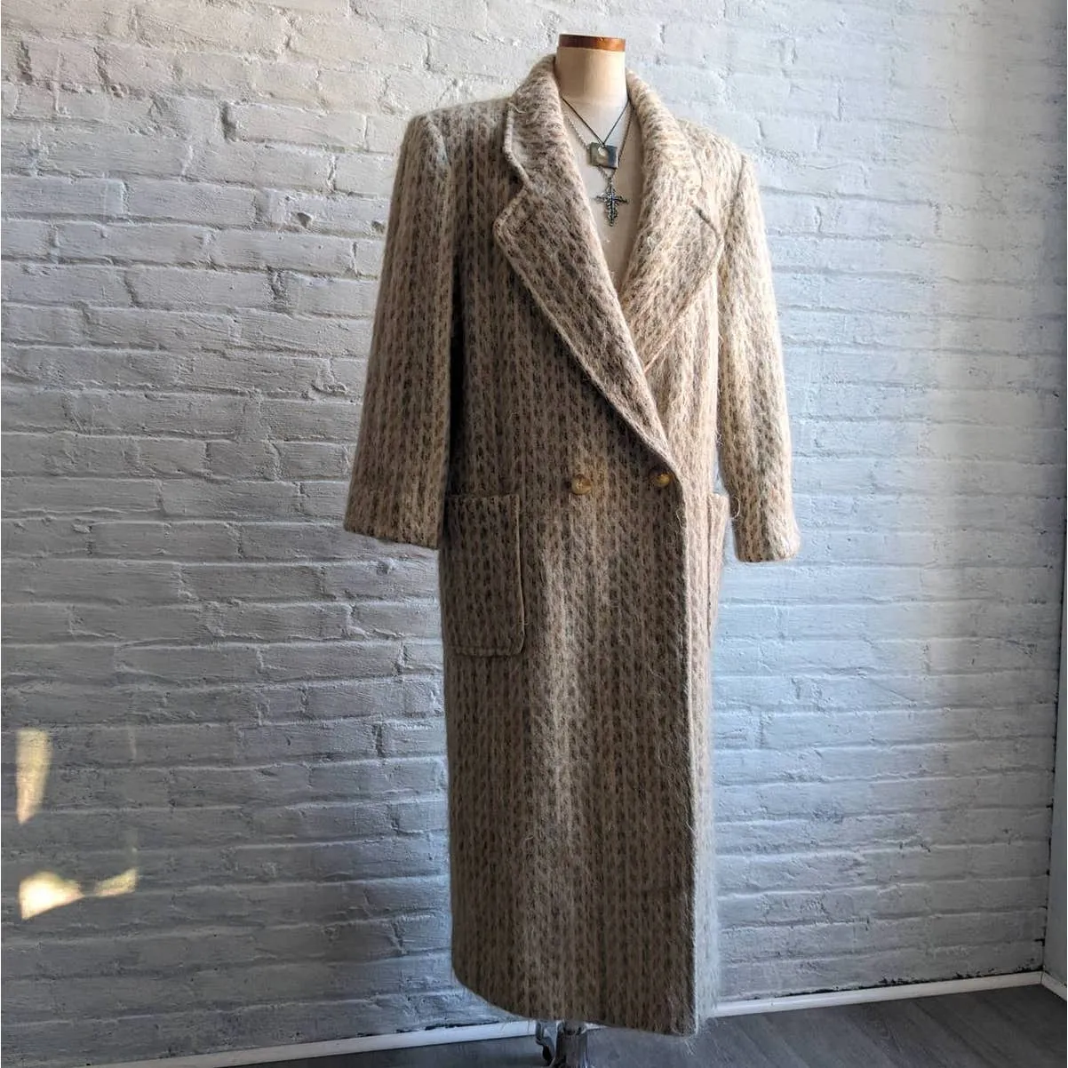 70s Vintage Minimalist Mohair Wool Trench Coat Fuzzy Earthtone Striped Jacket