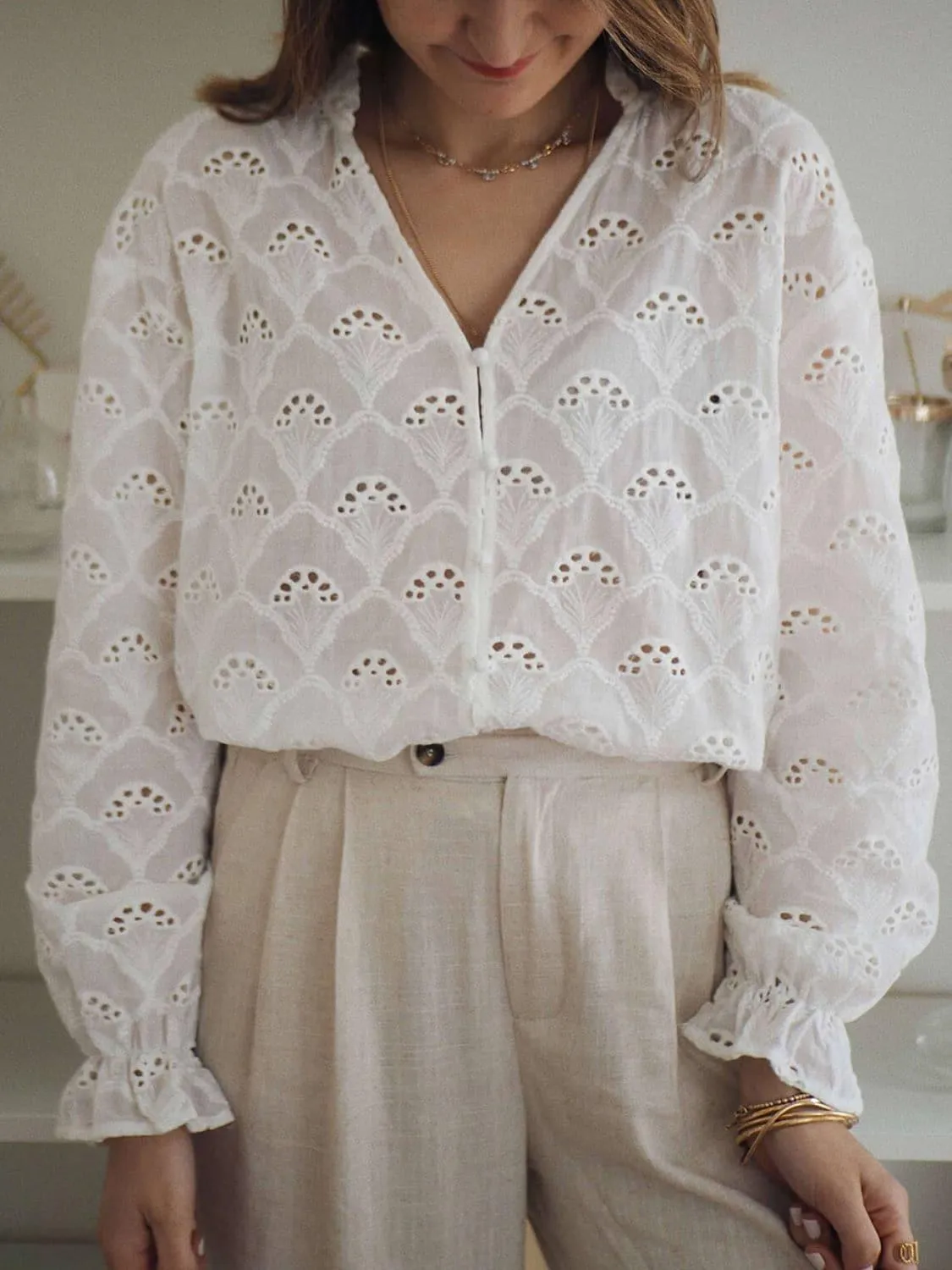 Amber Eyelet Notched Neck Flounce Sleeve Blouse