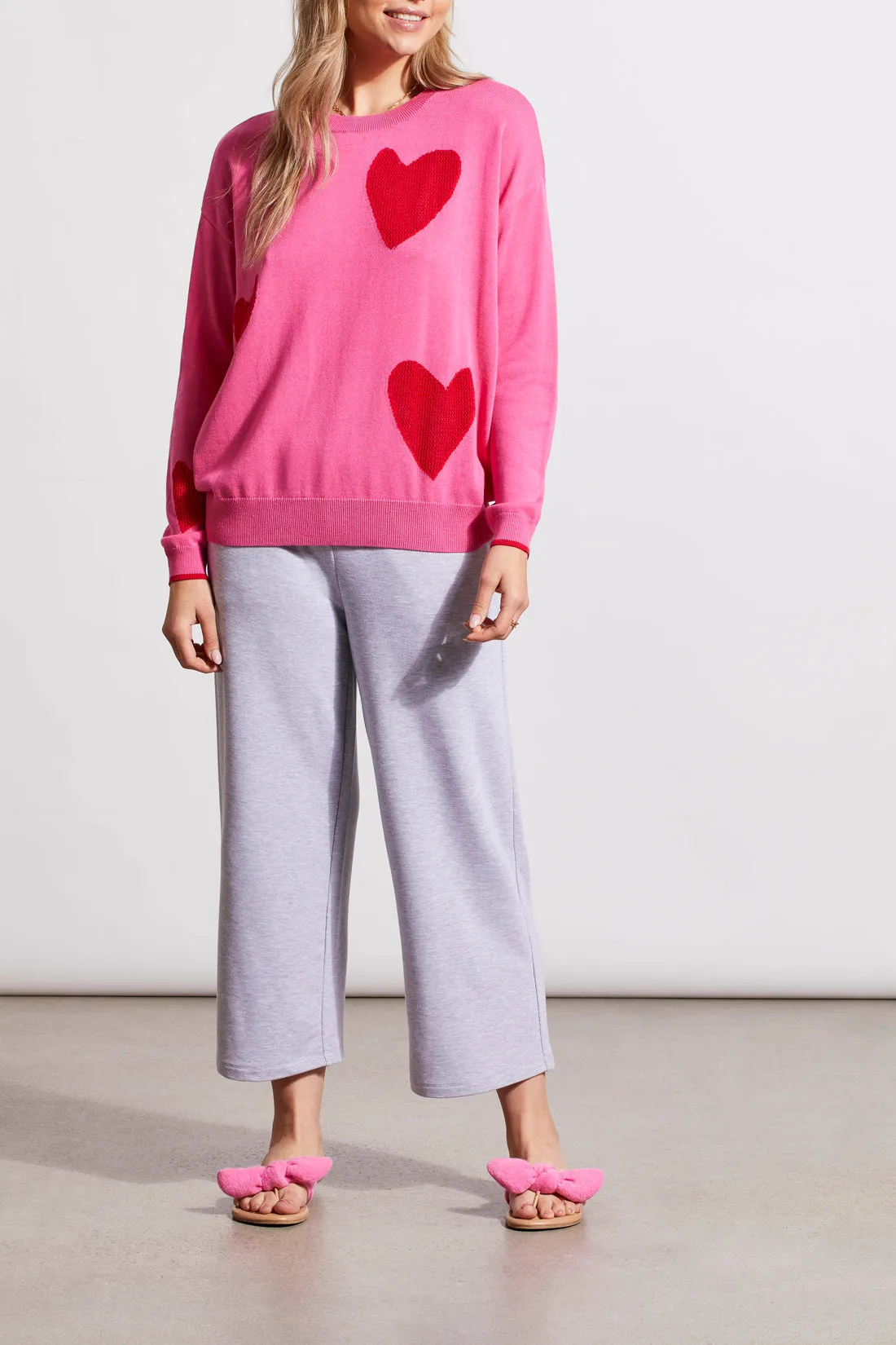 Crew Neck Sweater with Pointelle Hearts