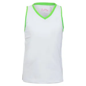 Girls' V-Neck Tennis Tank White and Green Trim