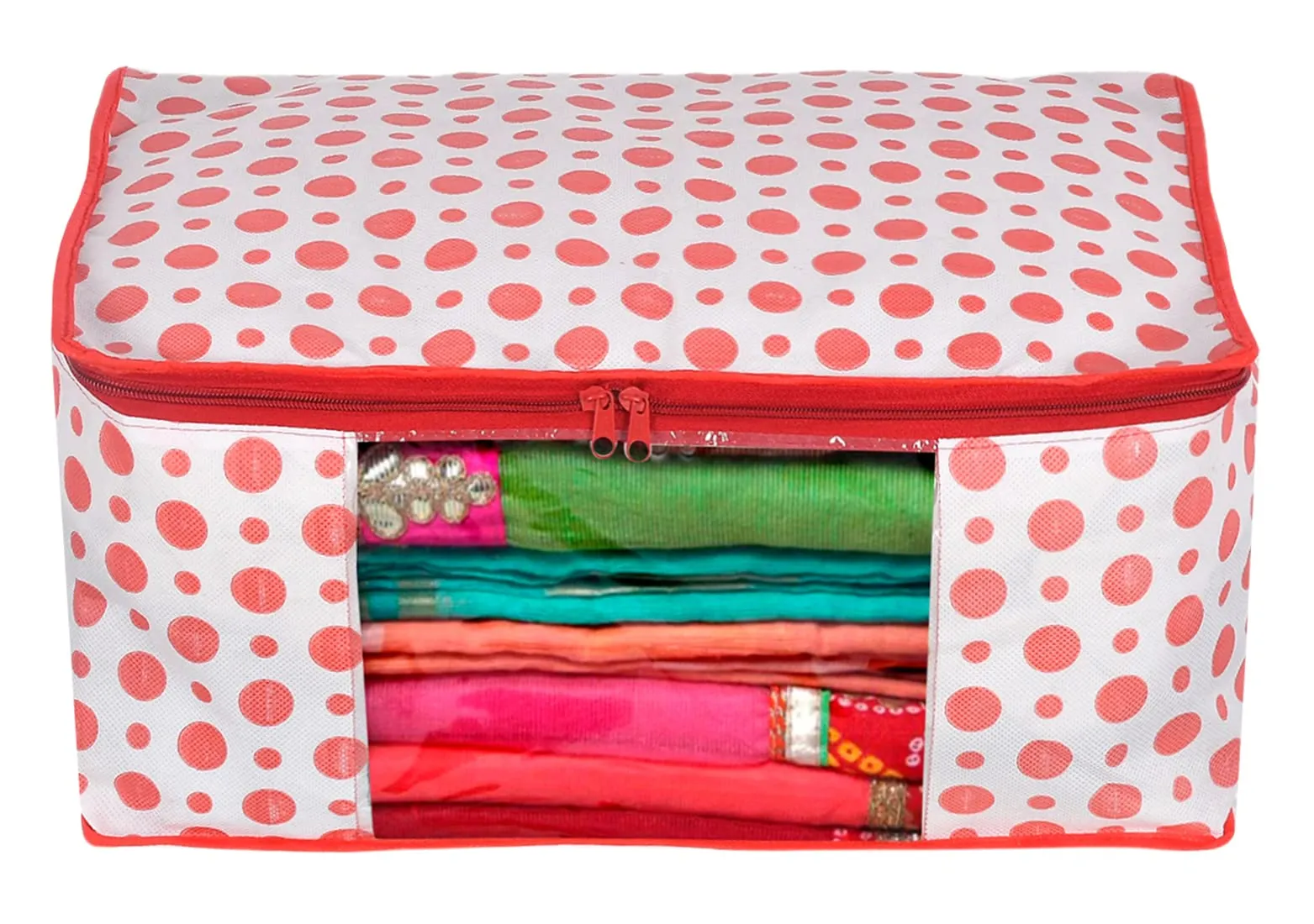 Kuber Industries Dot Printed Foldable, Lightweight Non-Woven Blouse & Saree Cover/Organizer Set With Tranasparent Window- Pack of 2 (Pink)-46KM0471