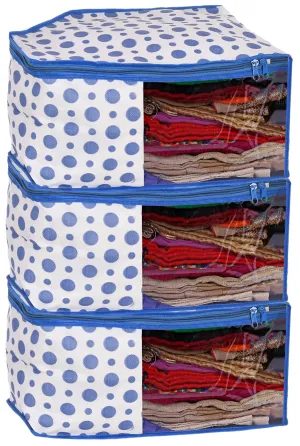 Kuber Industries Dot Printed Non-Woven Blouse Cover, Cloth Organizer, Wardrobe Organiser With Tranasparent Window- Pack of 3 (Blue)-46KM0306