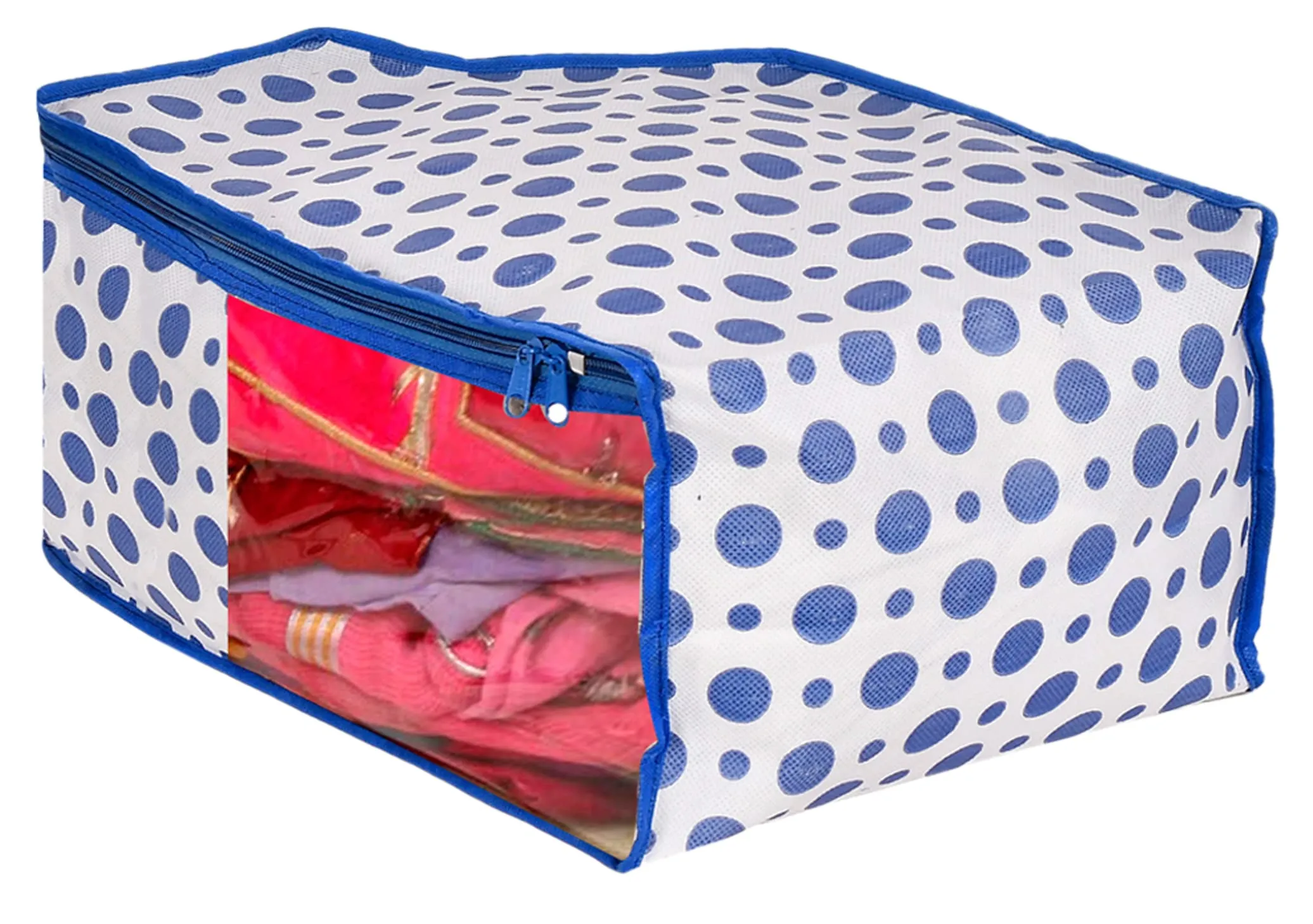 Kuber Industries Dot Printed Non-Woven Blouse Cover, Cloth Organizer, Wardrobe Organiser With Tranasparent Window- Pack of 3 (Blue)-46KM0306