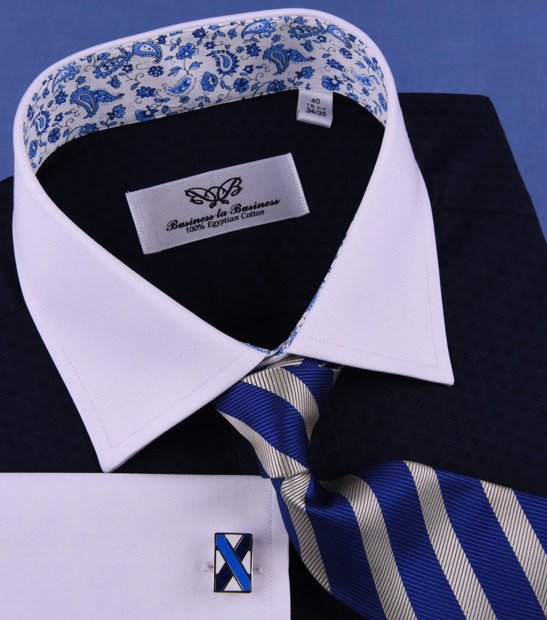 Navy Blue Diamond Stars Formal Business Dress Shirt White Collar and Cuff Blue Paisley Fashion