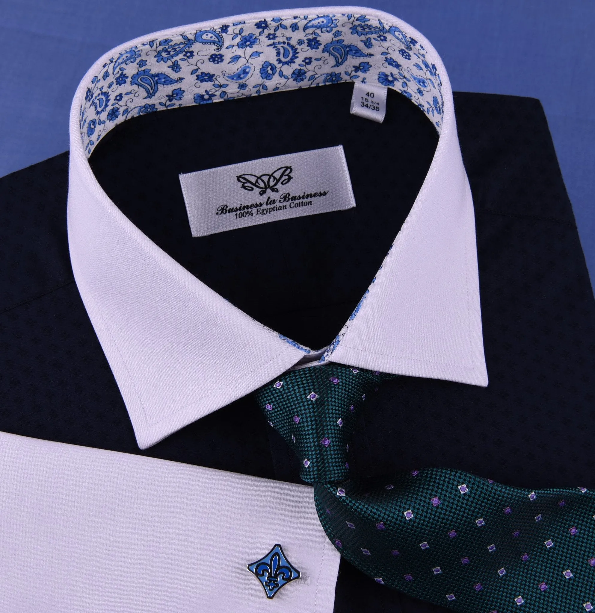 Navy Blue Diamond Stars Formal Business Dress Shirt White Collar and Cuff Blue Paisley Fashion