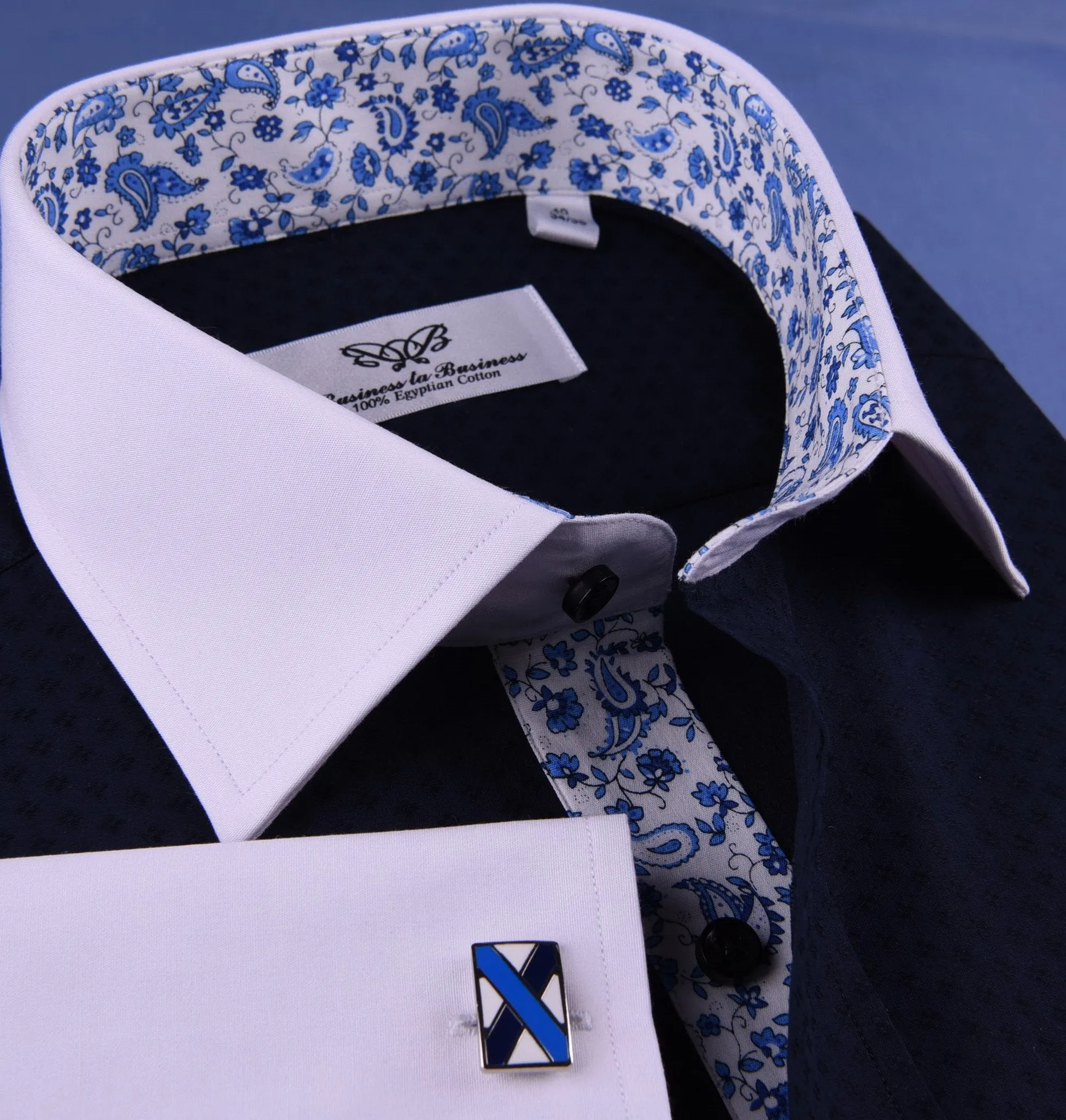 Navy Blue Diamond Stars Formal Business Dress Shirt White Collar and Cuff Blue Paisley Fashion