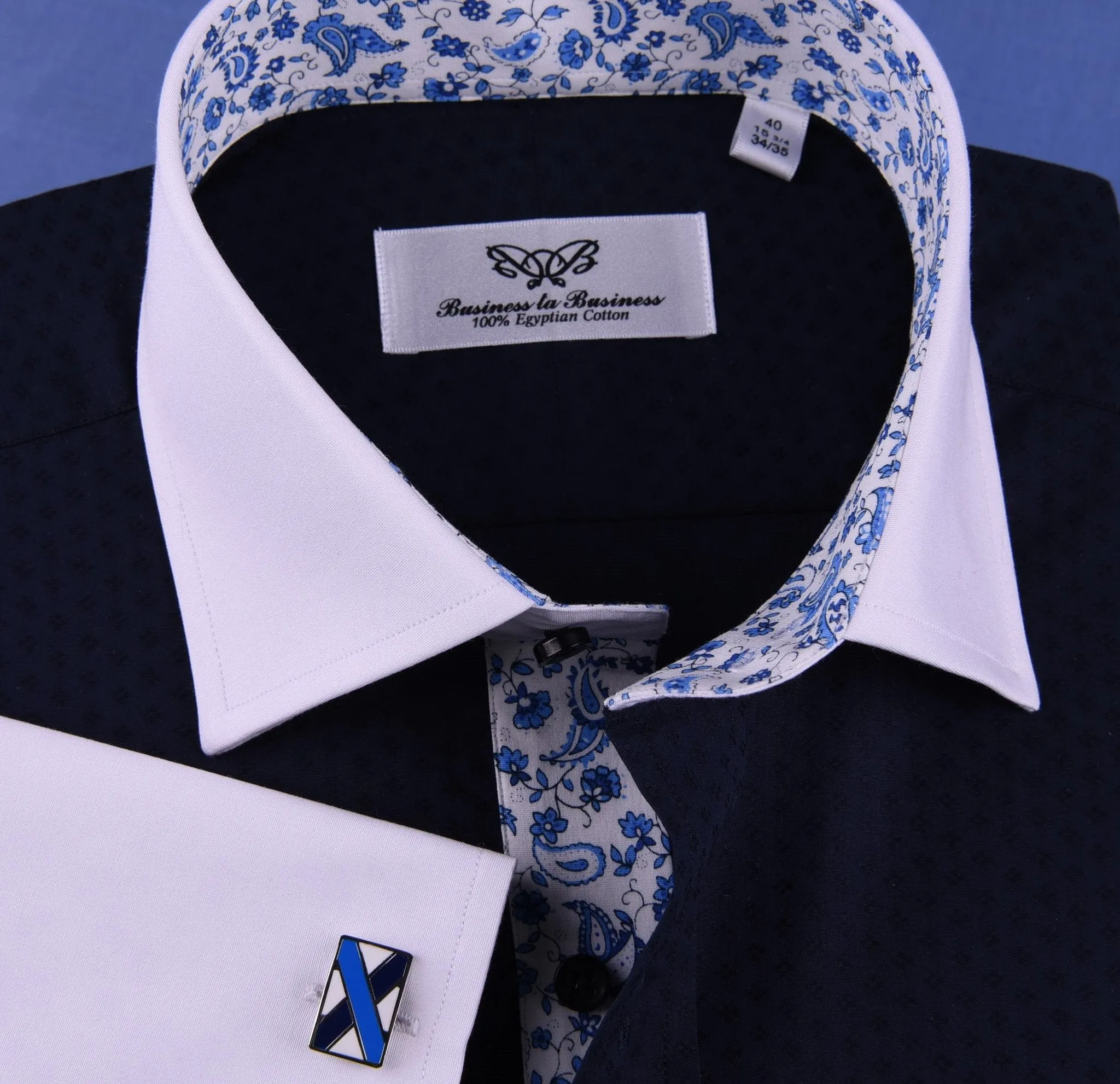 Navy Blue Diamond Stars Formal Business Dress Shirt White Collar and Cuff Blue Paisley Fashion