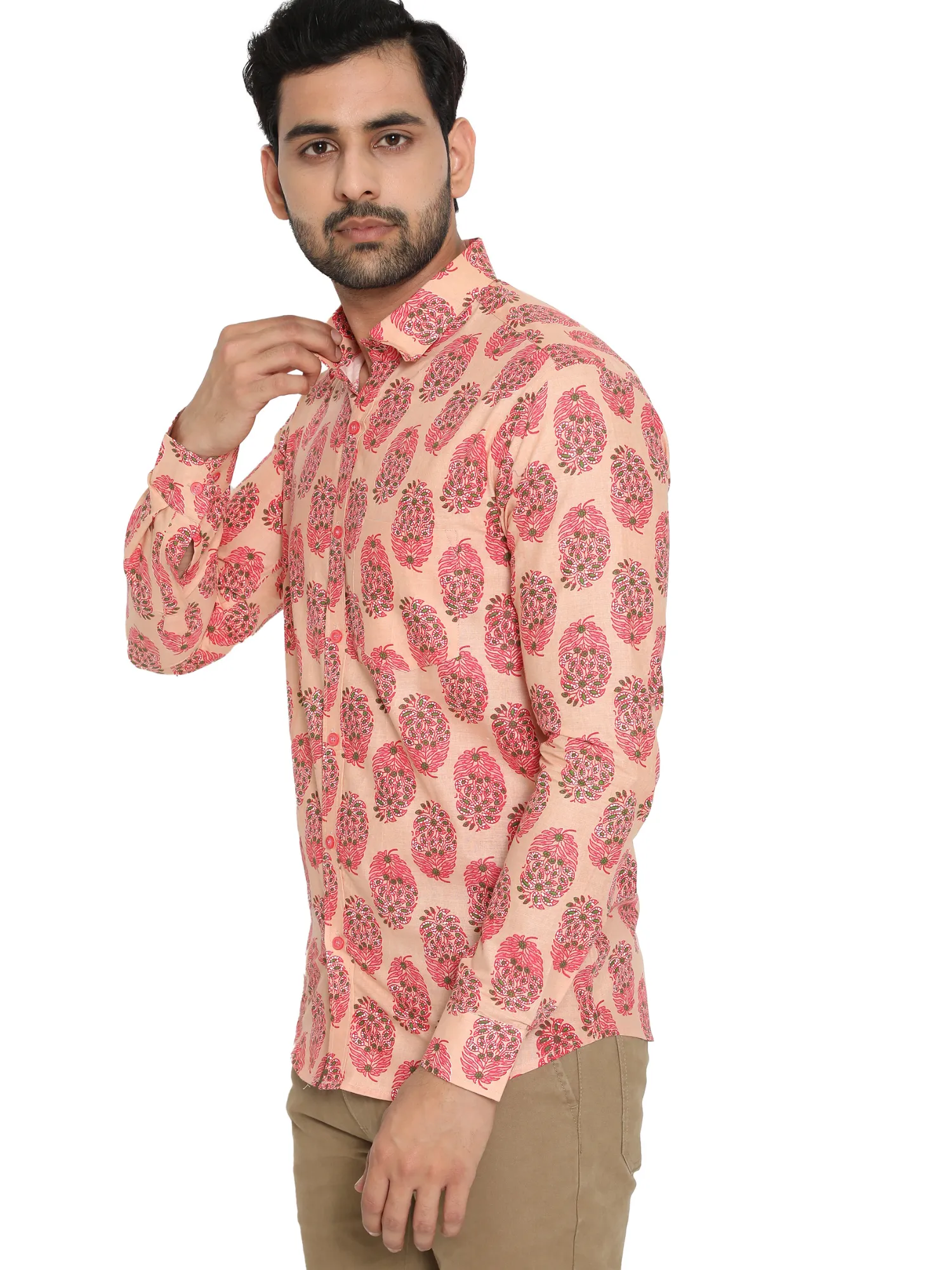 Peach Full Sleeve Printed Men's Cotton Shirt