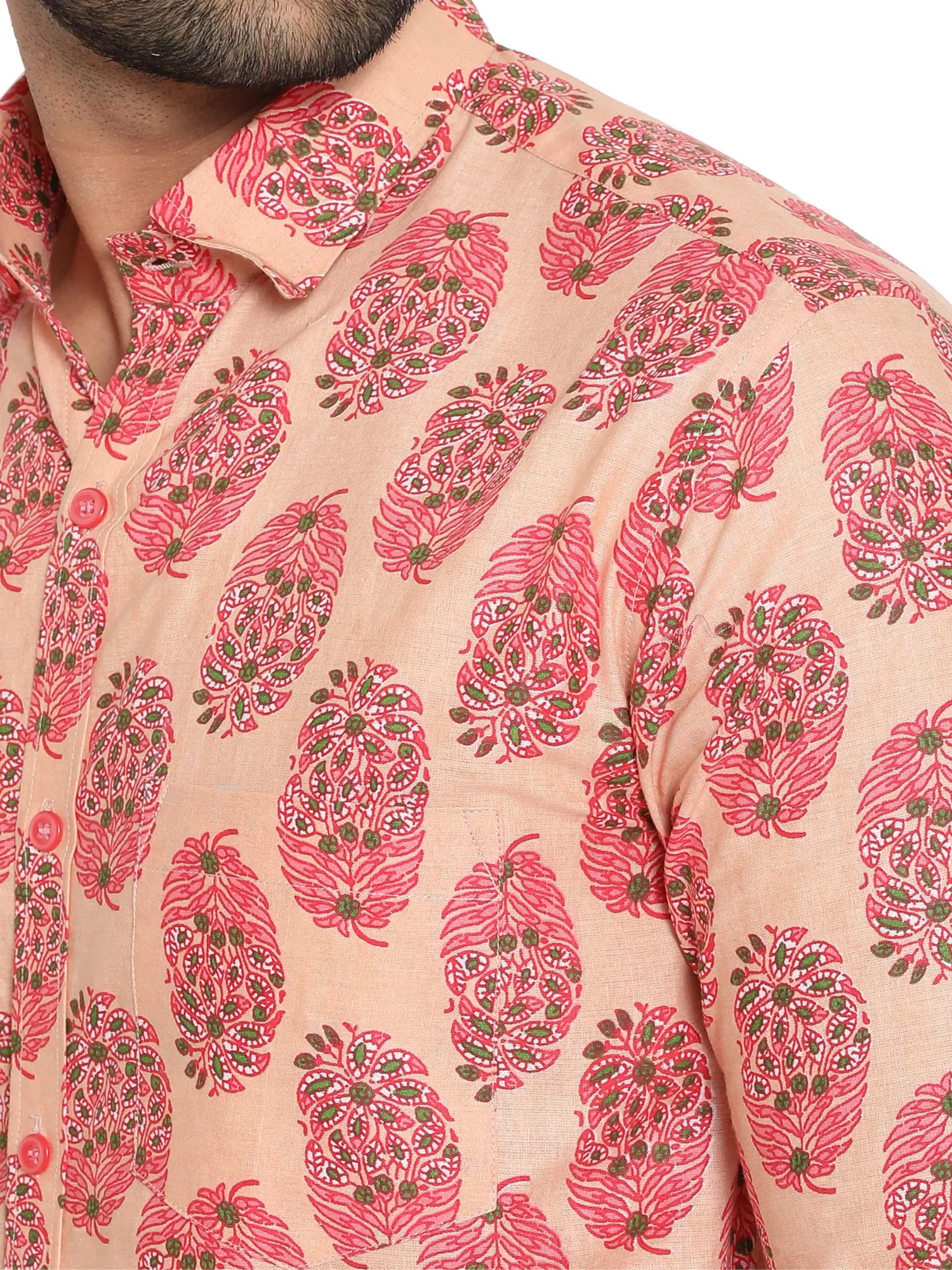 Peach Full Sleeve Printed Men's Cotton Shirt