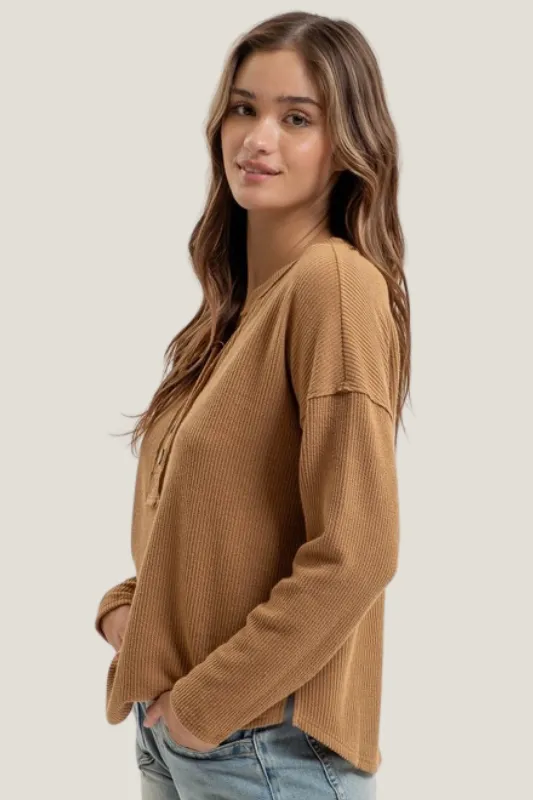 V Neck Henley Top (Almond)